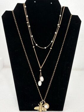 Lot Of Three Pearl And Gold Tone Necklaces - J Crew-Bee Charm - Layering Pieces